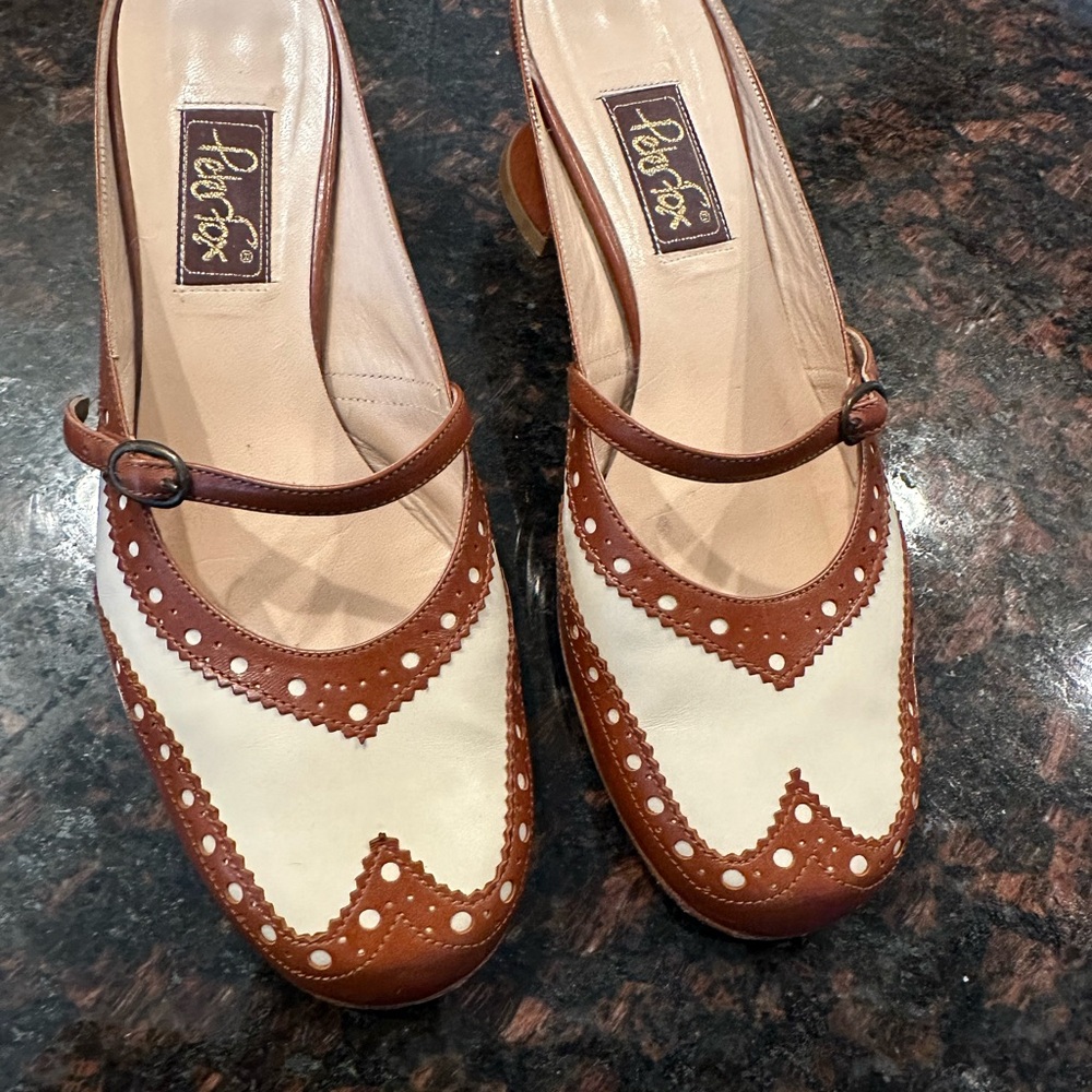 Peter Fox, made in Italy, vintage brown and cream leather, oxford style heels